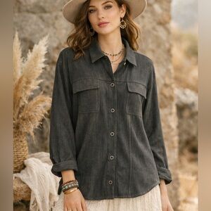 Vtg 90’s Chicos Dark Gray Oversized Snap Down Top Shirt Shacket Wednesday Addams